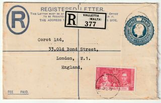 1937 Malta Kgv Postal Stationery Registered Env Size G Uprated Kgvi To London