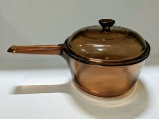 Vtg Visions Corning Ware 1.  5 L Amber Glass Sauce Pan Pot W/ Pyrex Lid Cookware