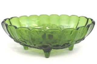 Vintage 1960s Oval Green Glass Serving Bowl Fruit Harvest Design Footed