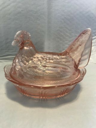 Fenton Art Glass Covered Hen On Nest White Opalescent - Soft Pink Glass