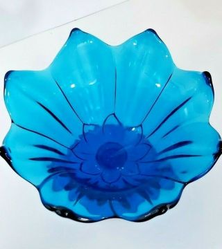 Vintage Mid Century Blue/turquoise Glass Candy Dish Bowl Shaped Like Flower Euc.