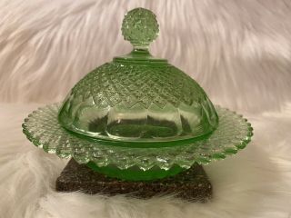 Vintage Green Depression Glass Butter Dish With Lid.  6x5 In