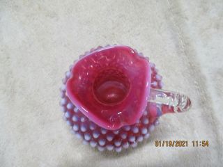 Glass Cranberry Opalescent Hobnail Ribbed Handle Pitcher - - s32 2