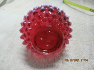 Glass Cranberry Opalescent Hobnail Ribbed Handle Pitcher - - s32 3