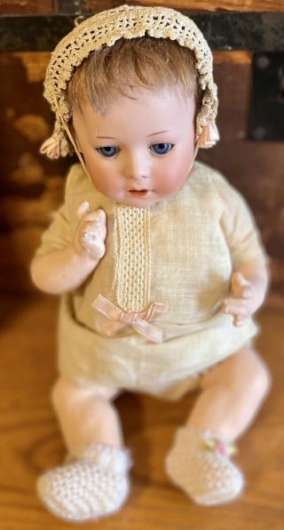 Antique German 9” Am 233 Character Doll With Orig Body Cute Outfit Mohair Wig
