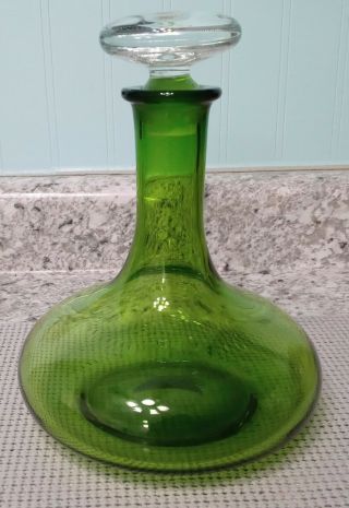 Vintage Mcm Green Art Glass Genie Bottle Decanter With Clear Glass Stopper