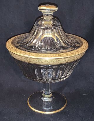 Vintage Gold Encrusted Glass Lidded Pedestal Candy Dish,  Etch Monogram A On Top