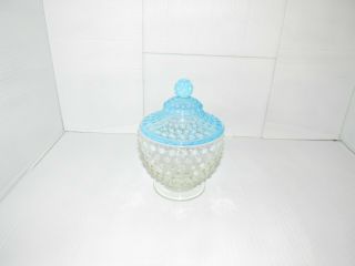 Vintage Fenton ? Hobnail Glass Footed Candy Dish Opalescent Blue Lid