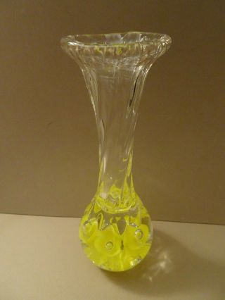 Joe Rice Blown Glass 1992 Bud Vase 7 1/2 " Inches Tall Yellow Flowers & Bubbles