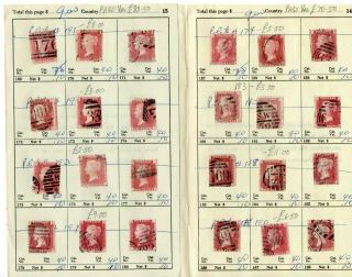 GB QV 1858 1d Penny Red PLATES x 192 stamps on 16 old approval pages SG43/44 3