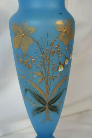 Large Blue Glass Vase with Hand Painted Gold Flower Design 2