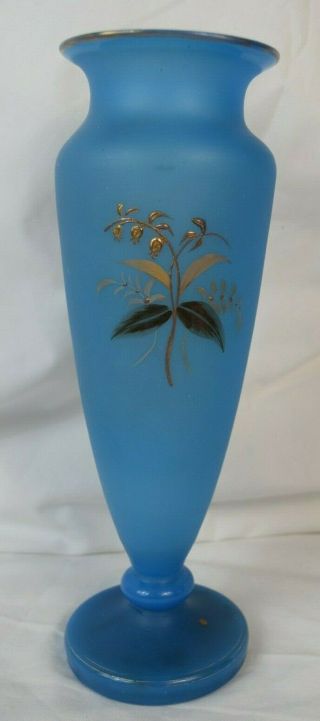 Large Blue Glass Vase with Hand Painted Gold Flower Design 3