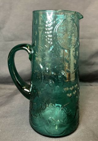 Vintage Hand Blown Green Glass Pitcher With Fruit Detail -