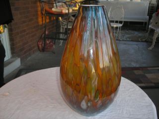 Murano Art Glass Multicolor Large Blue Brown,  Orange White Inside Vase