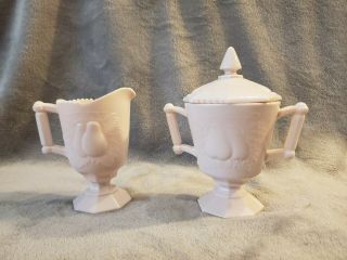 Pink Milk Glass Cream And Sugar Set With Lid.  Antique,  Vintage.