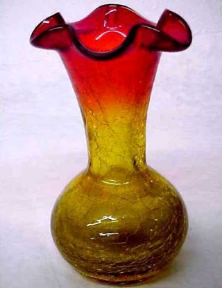 Vintage Blenko Art Glass Amberina Crackle Glass Vase - Red Blob Pontil