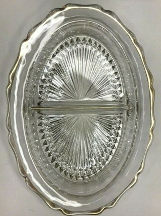 Depression Dish Divided Oval Scalloped Vintage Clear Gold Trim Glass 8.  5 " X 4 "