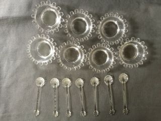7 Vintage Imperial Clear Glass Candlewick 16 Bead Open Salt Cellars With Spoons
