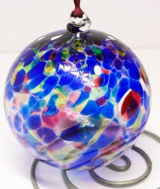 Hand Blown Art Glass Ornament Witches Ball Suncatcher 3.  75 Inches Blue Red White