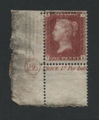 1858 1d Rose Red Plate 186 (ta) Corner Marginal With Plate No.  Sg 43