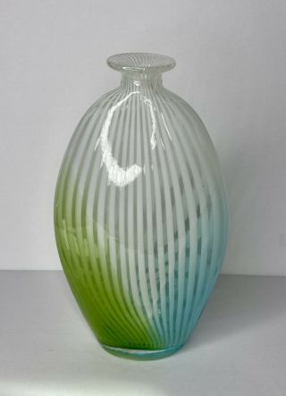 Art Glass Vase | Modern Teardrop Shape | Teal Blue Green & White Striped