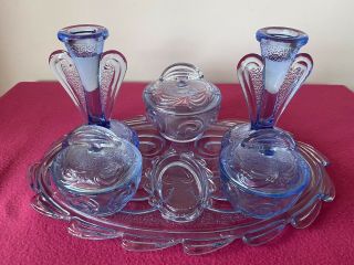 Vintage Blue Glass 7 Piece Dressing Table Set C1930s Bagley Rutland Pattern 3078