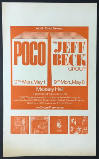 Poco,  Jeff Beck Group Handbill Massey Hall May 1 1972 Vintage Concert Bill