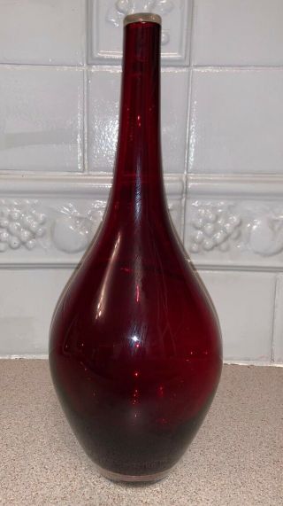 Vintage Ruby Red Glass Teardrop Vase,  Clear Base,  13”