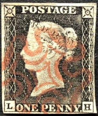 Gb Qv 1840 Penny Black Four Margin ‘lh’ Plate 1a Cancelled By Red Maltese Cross