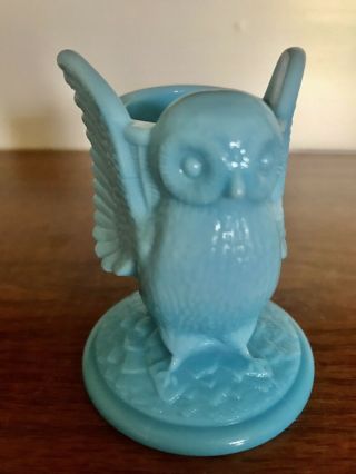 Westmoreland? Vintage Blue Milk Glass Owl Toothpick Holder,  3 Inches High