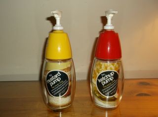 Vintage Gemco Glass Ketchup And Mustard Pump Dispensers - - Clear Glass