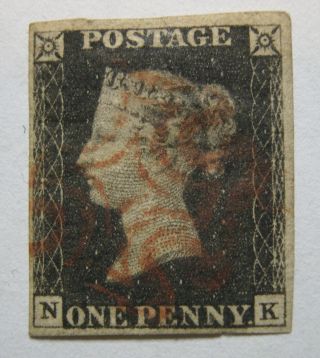 Great Britain 1840 Penny Black 4 Margins Fresh Color But W/ Faults Gz2