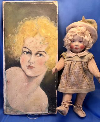 Rare Lenci Vintage Doll 1920 - 30s 12 Inch With Matching Painting As Found