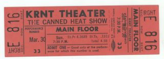 Rare The Canned Heat Show 3/30/69 Des Moines Ia Krnt Theater Ticket