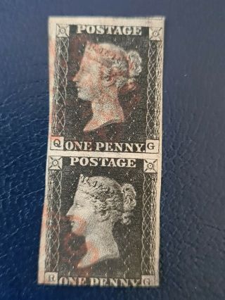 Qv Penny Black Stamps.  Vertical Pair.  Q - G.  R - G.  Almost 4 Margins.