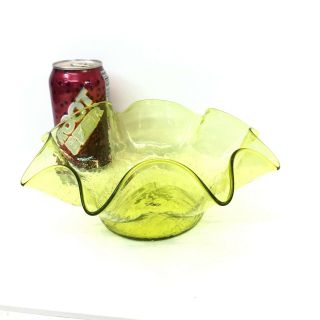 Vintage 9 " Lime Green Crackle Glass Bowl Hand Blown Blenko Ruffled/fluted Edge