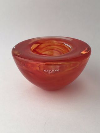 Kosta Boda Sweden Votive Candle Holder Clear And Orange Swirled Art Glass 2
