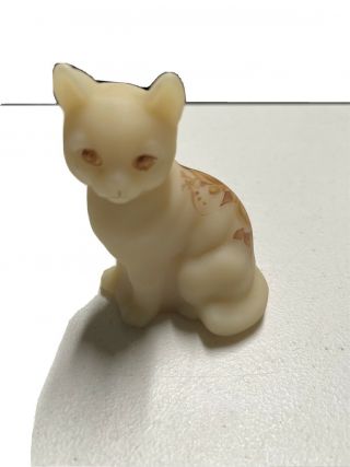 Fenton Yellow Satin Glass Cat Kitten Figure Figurine Hand Painted Signed