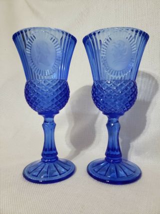 2 Avon Fostoria Cobalt Blue Glass George Martha Washington Colonial Goblets Euc