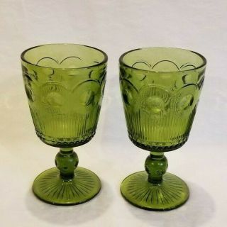 Vintage Set Of 2 Bartlett Collins Manhattan Bullseye Green Water Goblets 5 7/8 "