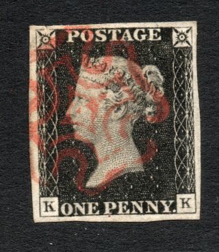 1840 Penny Black Sg 1 - - 1d Black Plate 1b " K K " Red Maltese Cross Cancel.