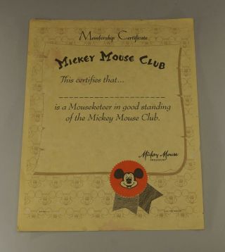 Vintage Walt Disney Mickey Mouse Club Membership Certificate 8 1/2 " X11 "