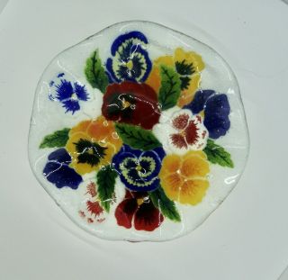 Peggy Karr Fused Glass 8 1/4 Inch Rounded Plate Pansies Retired