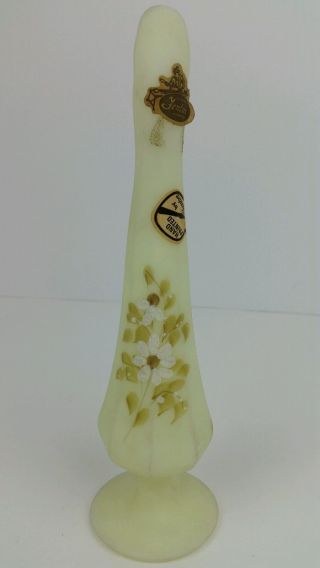 Vtg Fenton Hand Painted Floral Satin Custard Glass Bud Vase Signed Nancy Gribble