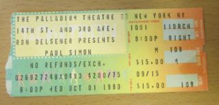 1980 Paul Simon Palladium York City Concert Ticket Stub One - Trick Pony Tour