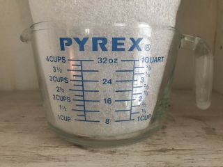 Hard To Find Vintage Pyrex 4 Cup Blue Lettering Measuring Cup Open Handle 532 - 0