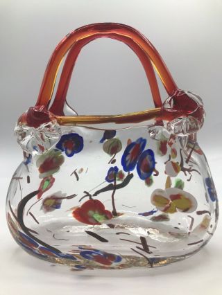Art Glass Purse Block Crystal Vase Multicolored Flowers Mouth Blown Euc