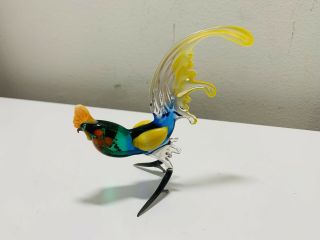 Hand Blown Rooster Sculpture Miniature Murano? Art Glass Bird 4”x4”