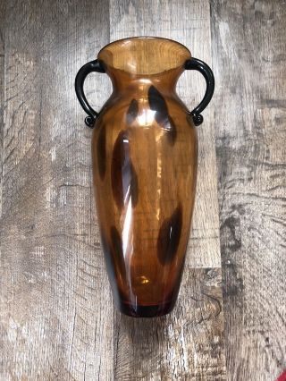 Vintage Gorgeous Designs China Amber Blown Art Glass Handled Vase