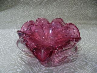 Vtg Cranberry Murano Italy Art Glass Controlled Bubbles Candy Dish